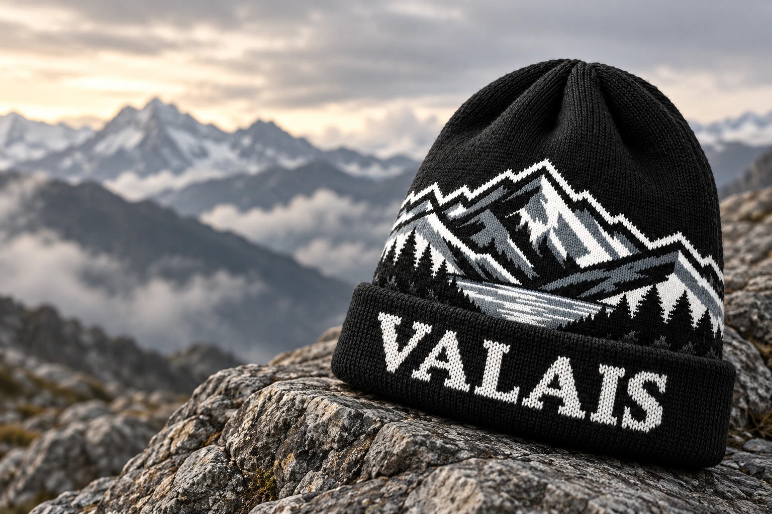 Black VALAIS beanie on alpine stone — campaign concept