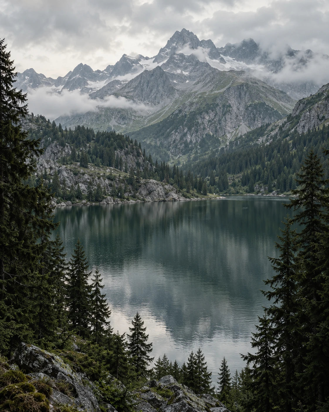 Still alpine water framed by pine trees